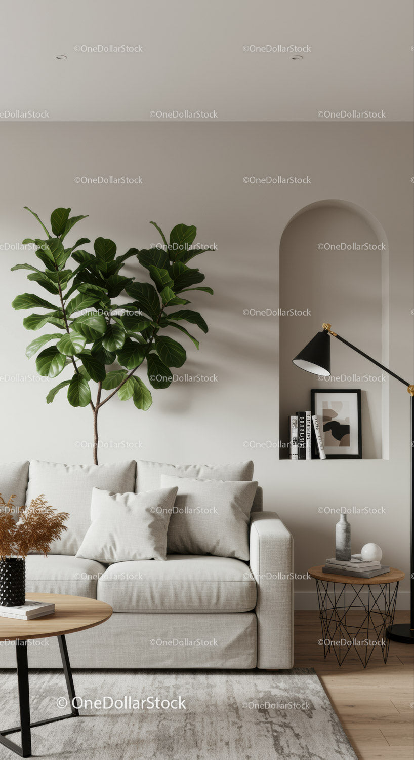 Cozy Modern Living Room with Green Fiddle Leaf Fig Plant
