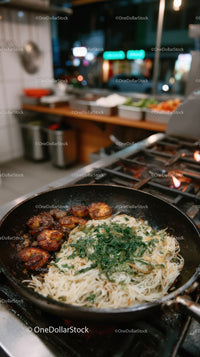 Stir-Fried Noodles with Vegetables in a Professional Street Food Setting