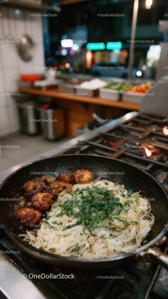 Stir-Fried Noodles with Vegetables in a Professional Street Food Setting
