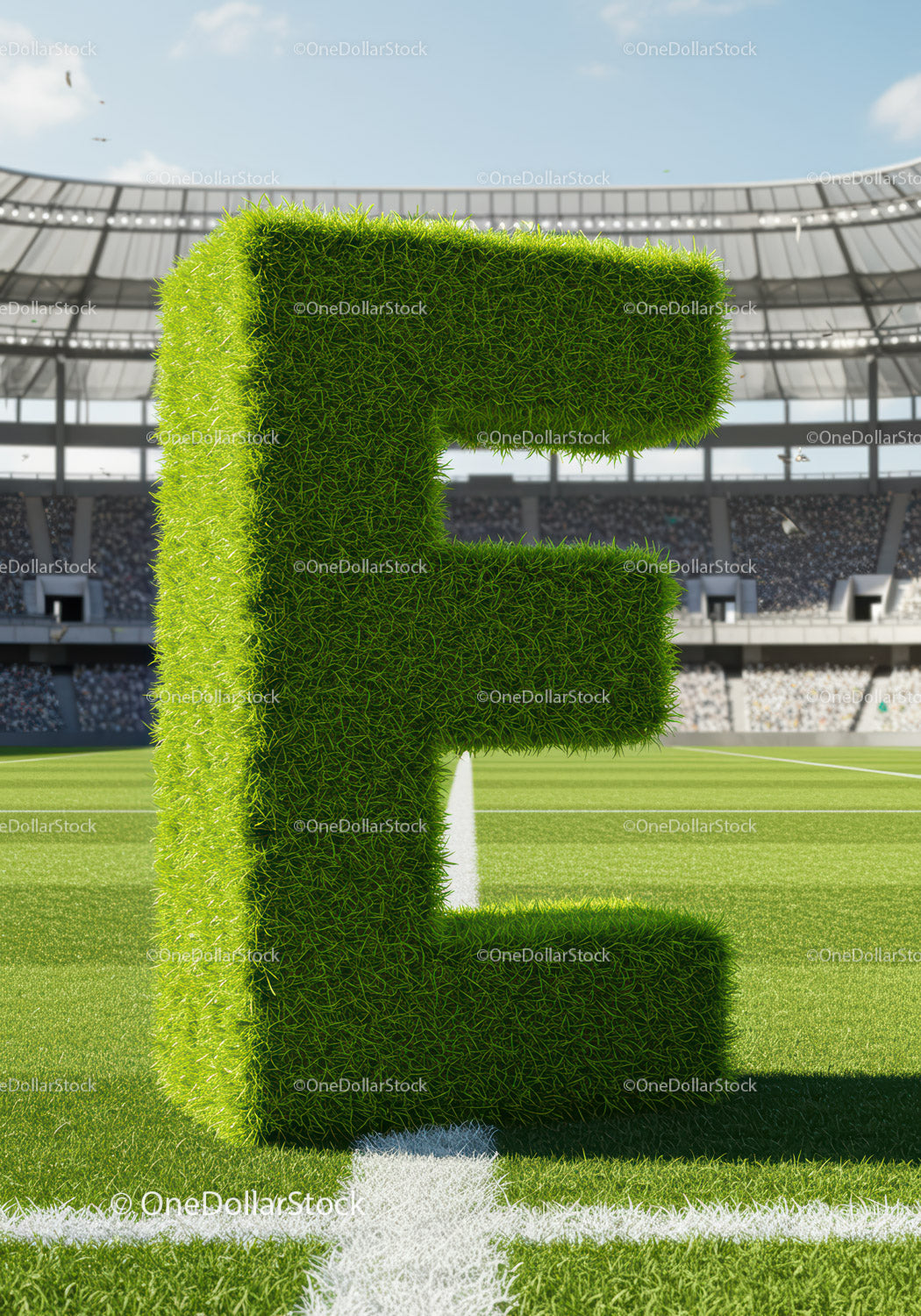 Green grass letter E on stadium soccer field