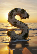 Driftwood Letter S with Seaweed at Ocean Sunset
