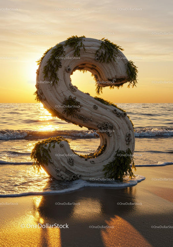 Litera S z drewna dryfującego z wodorostami przy zachodzie słońca nad oceanem
