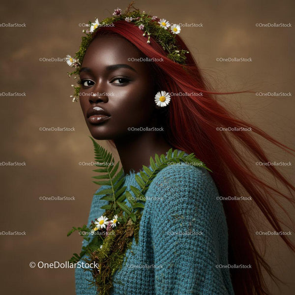 Elegant Portrait of an African Woman with Red Hair and Floral Headpiece