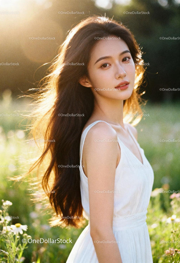 Young woman in white dress enjoying golden hour light