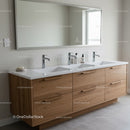 Modern bathroom vanity with triple sinks and large mirror