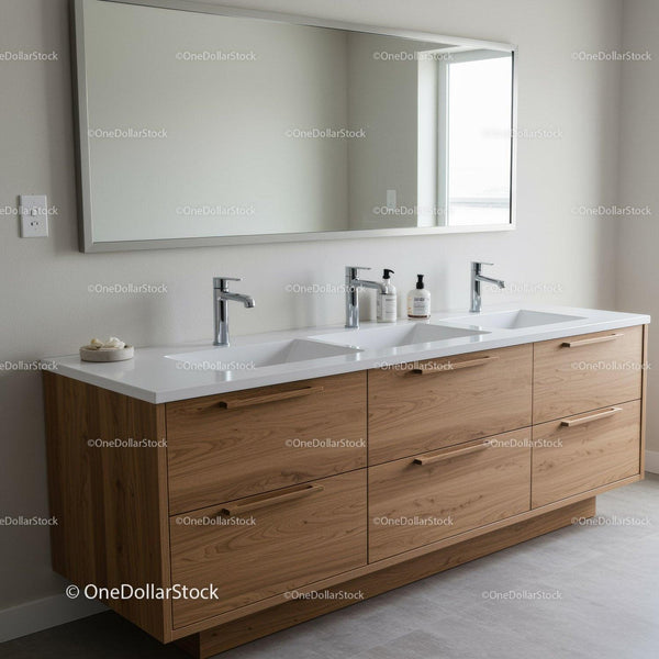 Modern bathroom vanity with triple sinks and large mirror