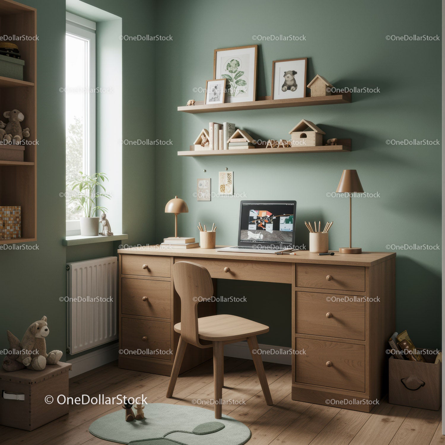 Modern Cozy Home Office with Wooden Desk and Green Wall