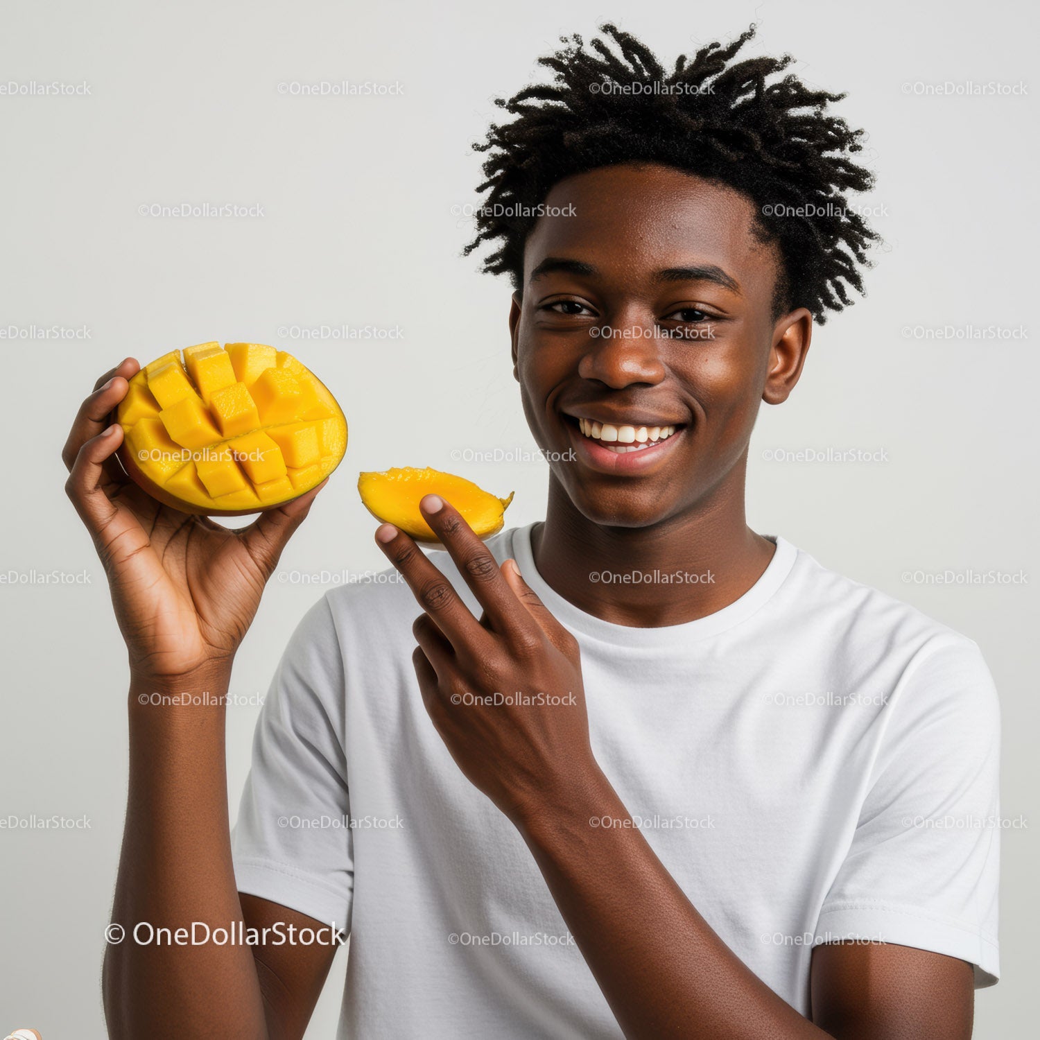 Young Man Holding Juicy Mango Slices with Bright Summer Vibe