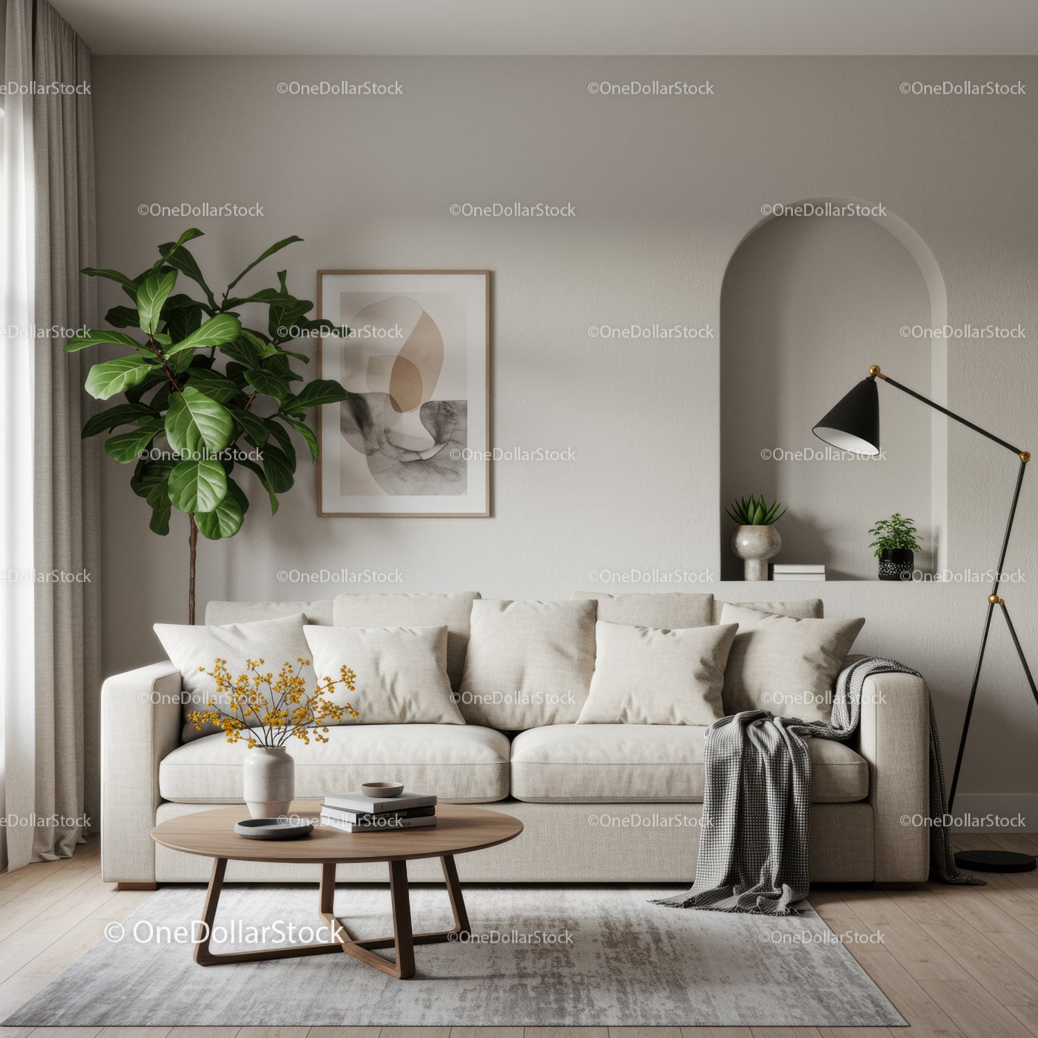 Nowoczesny, neutralny salon z wygodną sofą i roślinami
