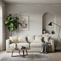 Modern neutral living room with comfortable sofa and plants