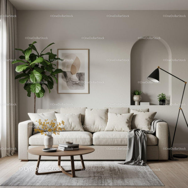 Modern neutral living room with comfortable sofa and plants
