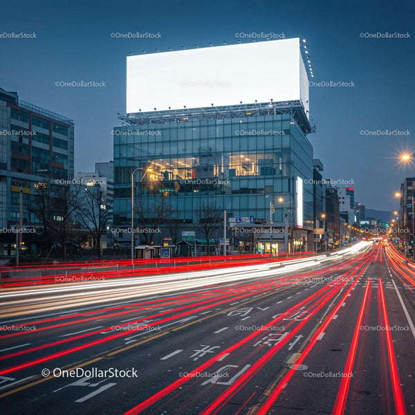 Evening traffic streaks past modern city building JPG Mockup Image