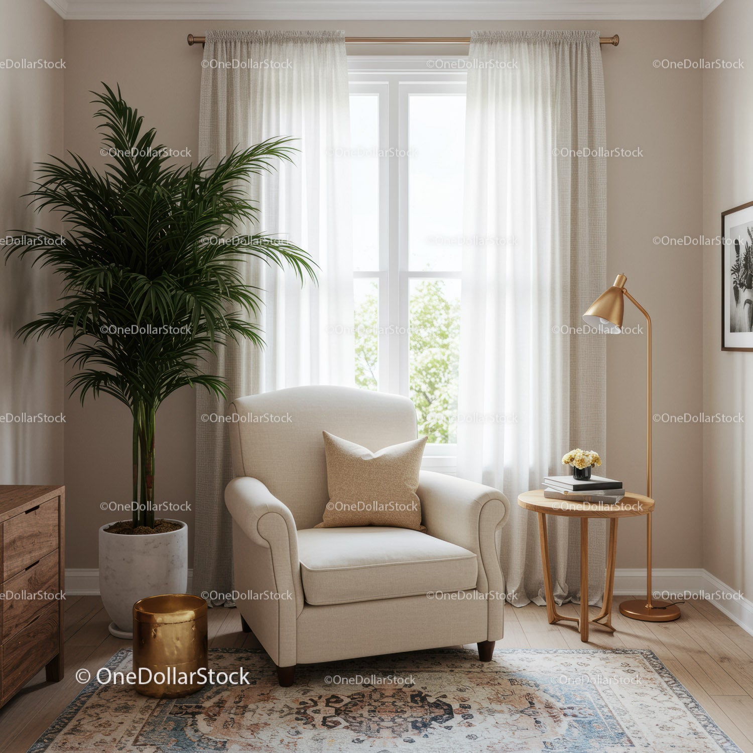 Elegant Living Room with Beige Armchair and Green Indoor Plant