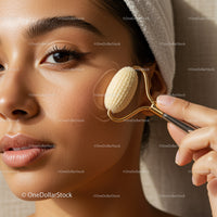 Young woman receiving facial massage with roller for skincare and relaxation