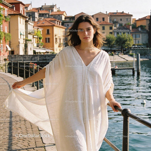 Woman in flowing white dress by scenic riverwalk