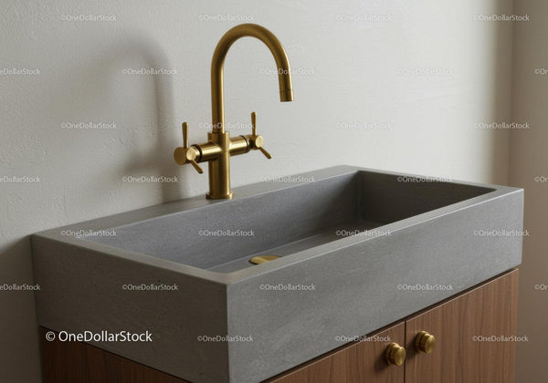 Modern Concrete Sink with Gold Faucet in Elegant Bathroom Interior