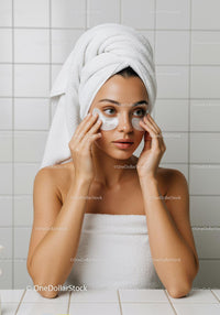 Woman Applying Under-Eye Patches in Minimalist Bathroom