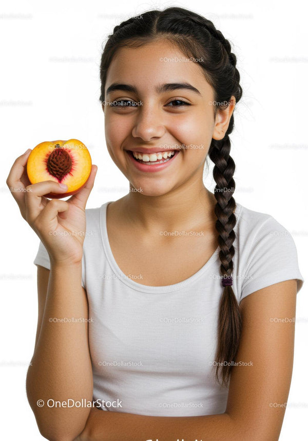 Young Girl With Braided Hair Holding Peach Smiling Brightly