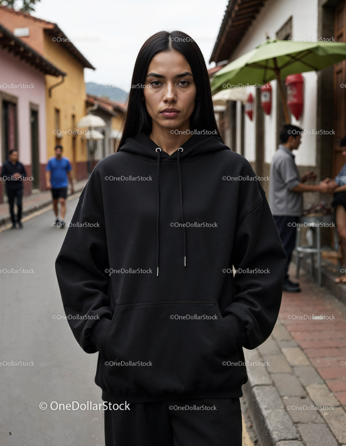 Fashionable Woman Wearing Black Hoodie in Urban City Street