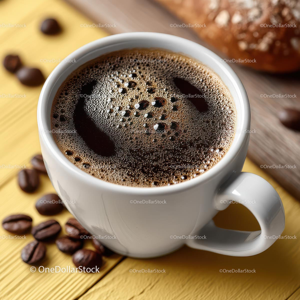 Freshly Brewed Coffee in a White Mug on Rustic Table