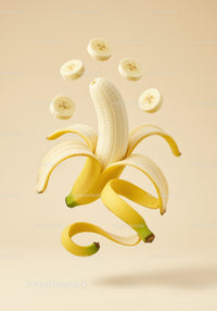 Peeled banana with floating slices and peel spirals