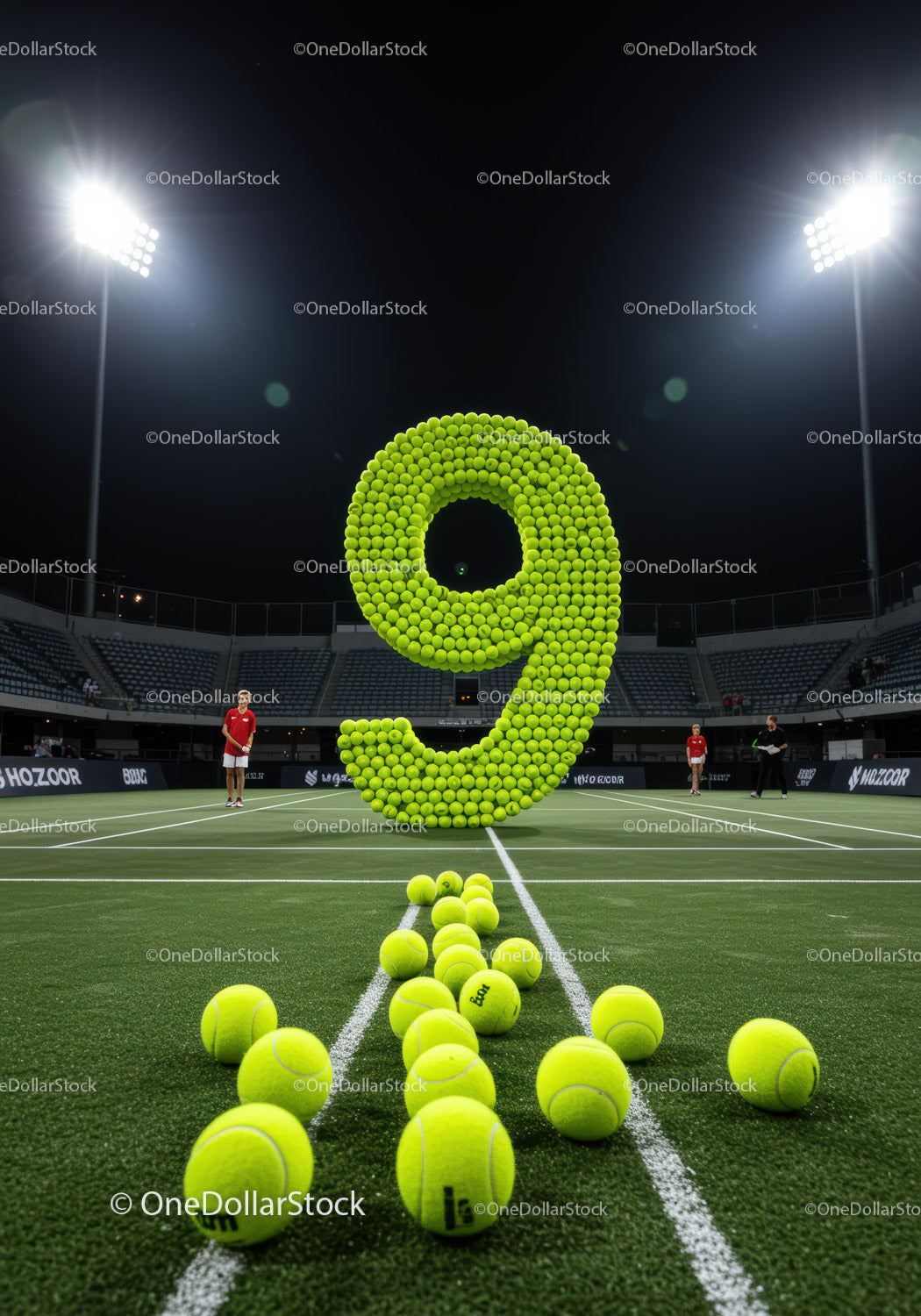 Large Number Nine Made of Tennis Balls on Court at Night