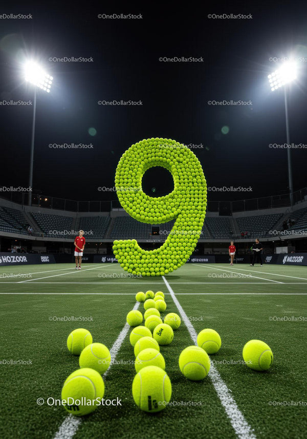 Large Number Nine Made of Tennis Balls on Court at Night