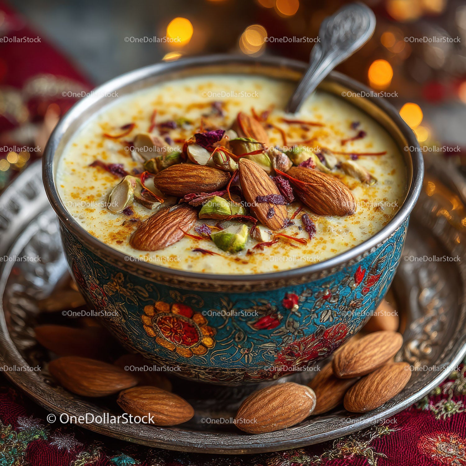 Decorative Indian Sweets with Nuts in Colorful Ceramic Bowl