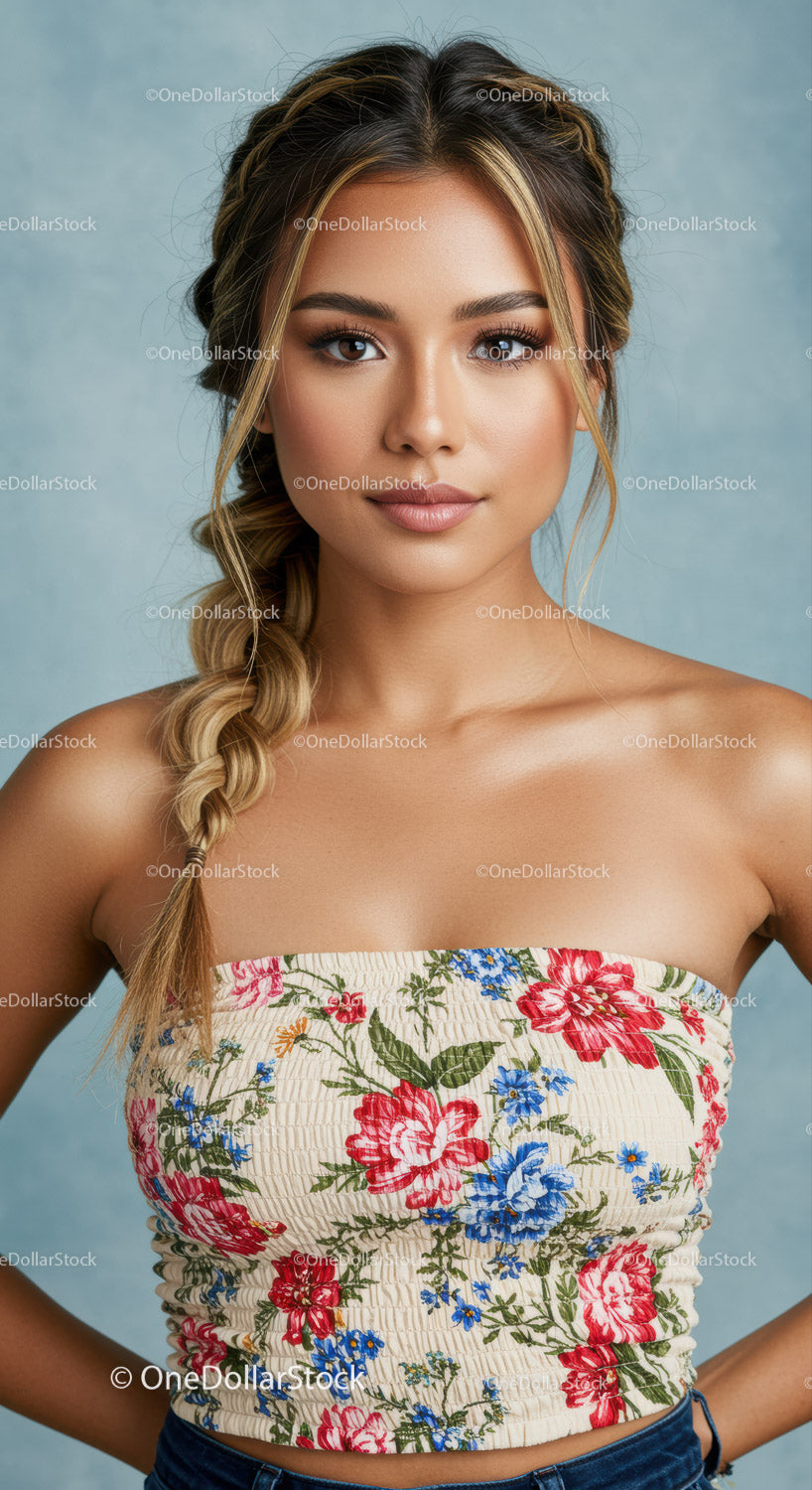 Young Woman in Floral Top with Braided Hairstyle Looking Confident
