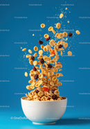 Healthy cereal flakes and dried fruit in white bowl
