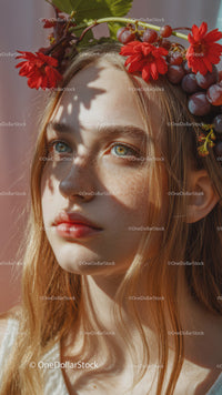 Young Woman with Red Floral Crown and Purple Grapes Outdoor Portrait