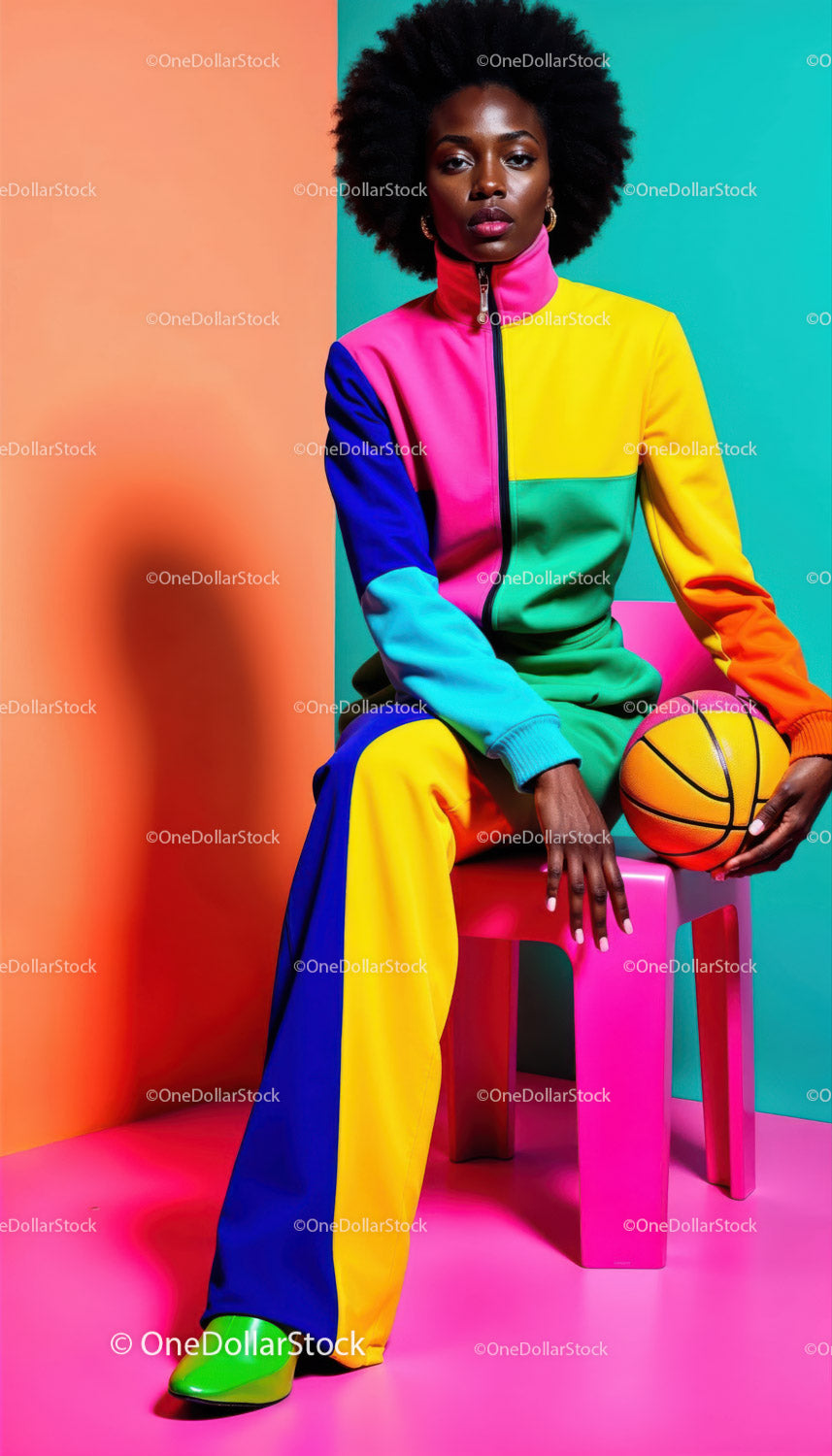 Vibrant Colorful Fashion Female Sportswear Sitting with Basketball
