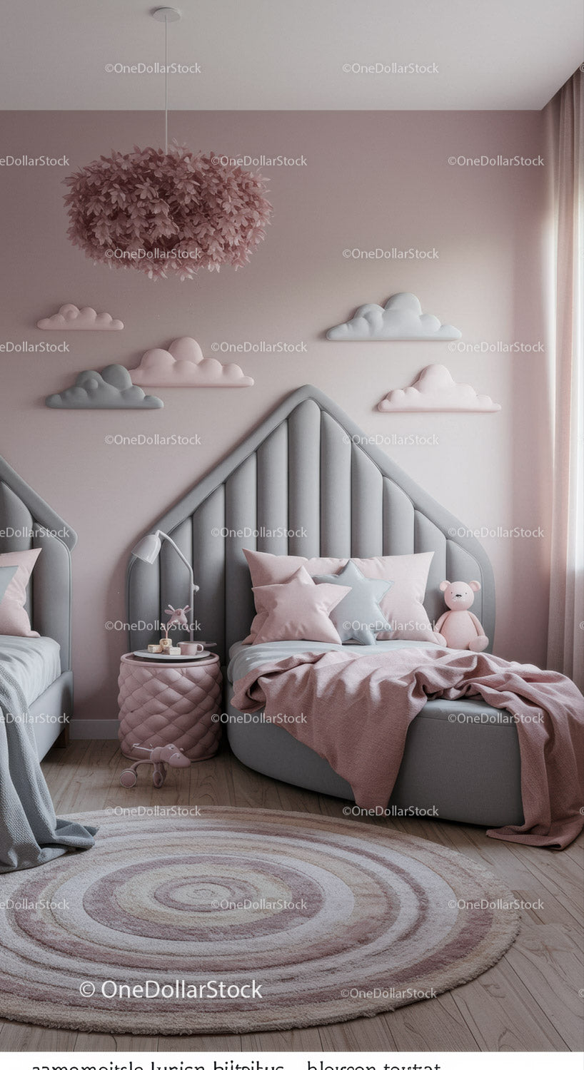 Pink and Gray Kids Bedroom with Cloud Wall Art and Plush Toys