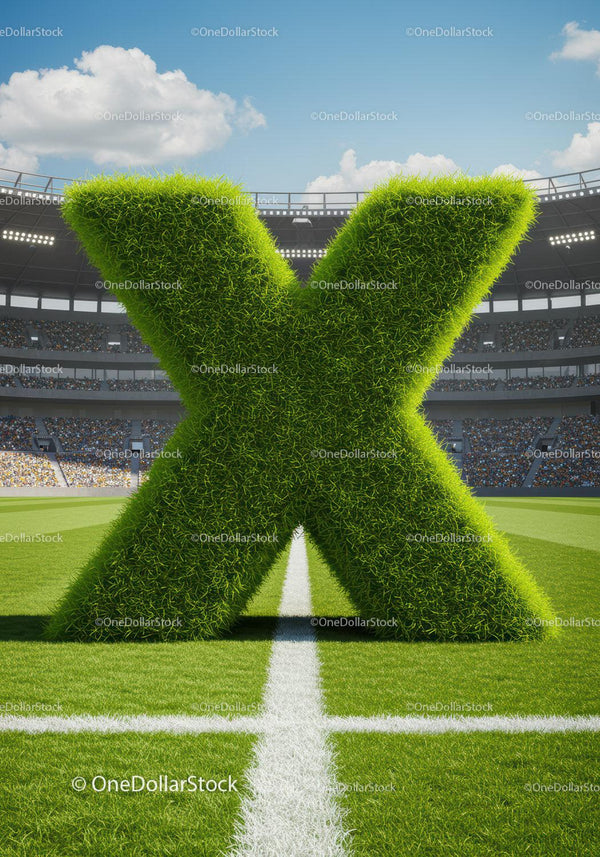 Green Grass Letter X on Football Field Center Line