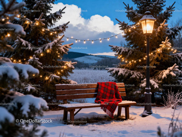 Snowy bench with red blanket under glowing lantern lights