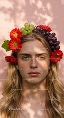 Beautiful Woman Wearing Floral Crown with Red Alstroemeria and Grape Flowers