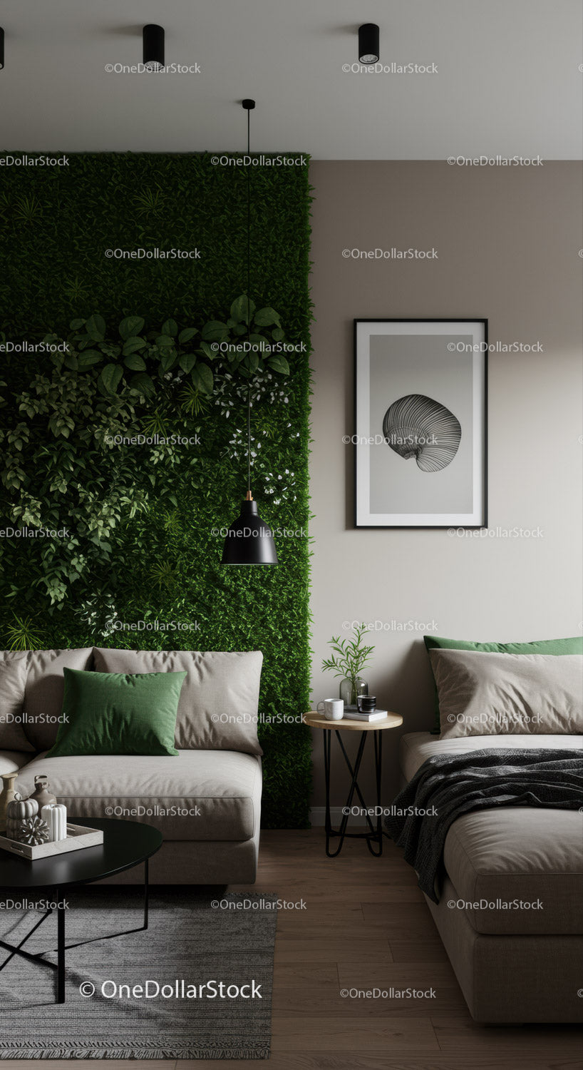 Nowoczesny salon z zielenią i stylowym wystrojem