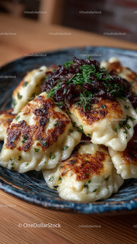 Japanese Gyoza Dumplings with Crispy Edges and Green Garnish
