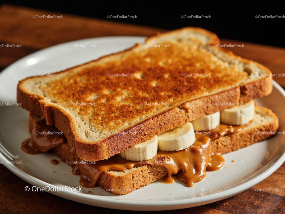 Banana and Caramel Toast Sandwich on White Plate
