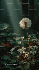 Dandelion Seed Head with White Wildflowers in Serene Garden Scene