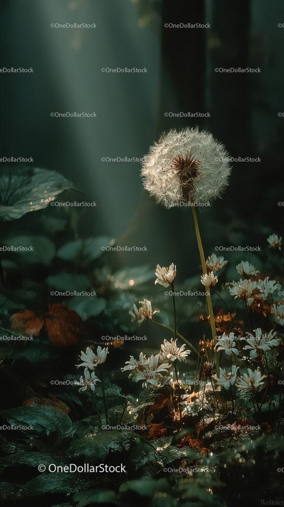 Dandelion Seed Head with White Wildflowers in Serene Garden Scene
