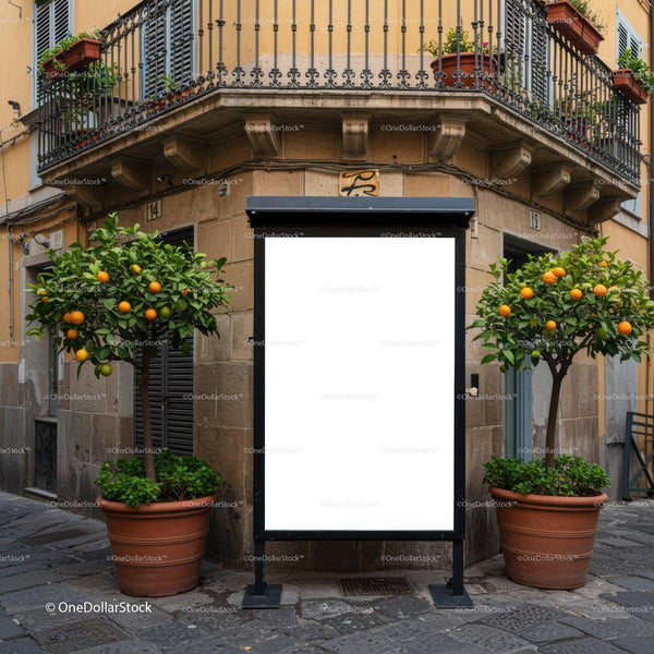 Blank white billboard between orange trees on cobblestone street JPG Mockup Image