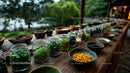 Herbal and Spice Assortment on Rustic Wooden Table with Green Background
