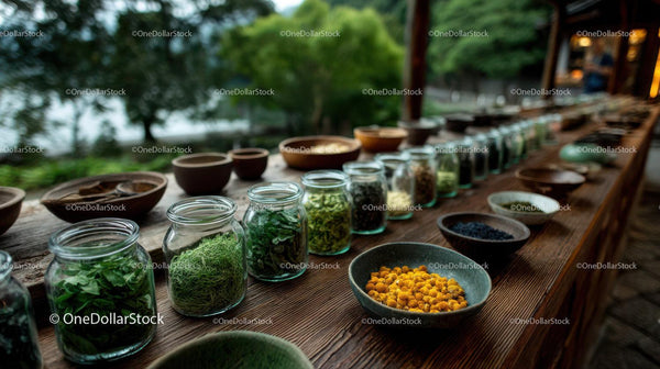 Herbal and Spice Assortment on Rustic Wooden Table with Green Background