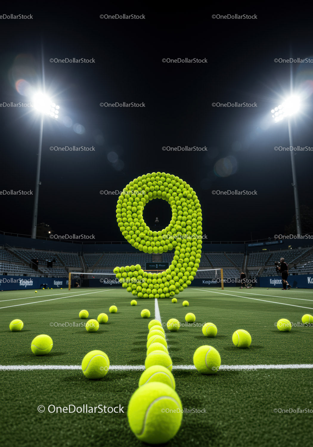 Number nine made of tennis balls on outdoor court