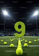 Number nine made of tennis balls on outdoor court