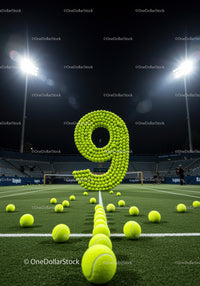 Number nine made of tennis balls on outdoor court
