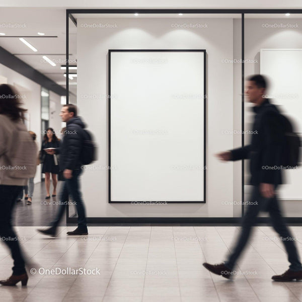 Busy corridor with blank advertising display in modern mall JPG Mockup Image