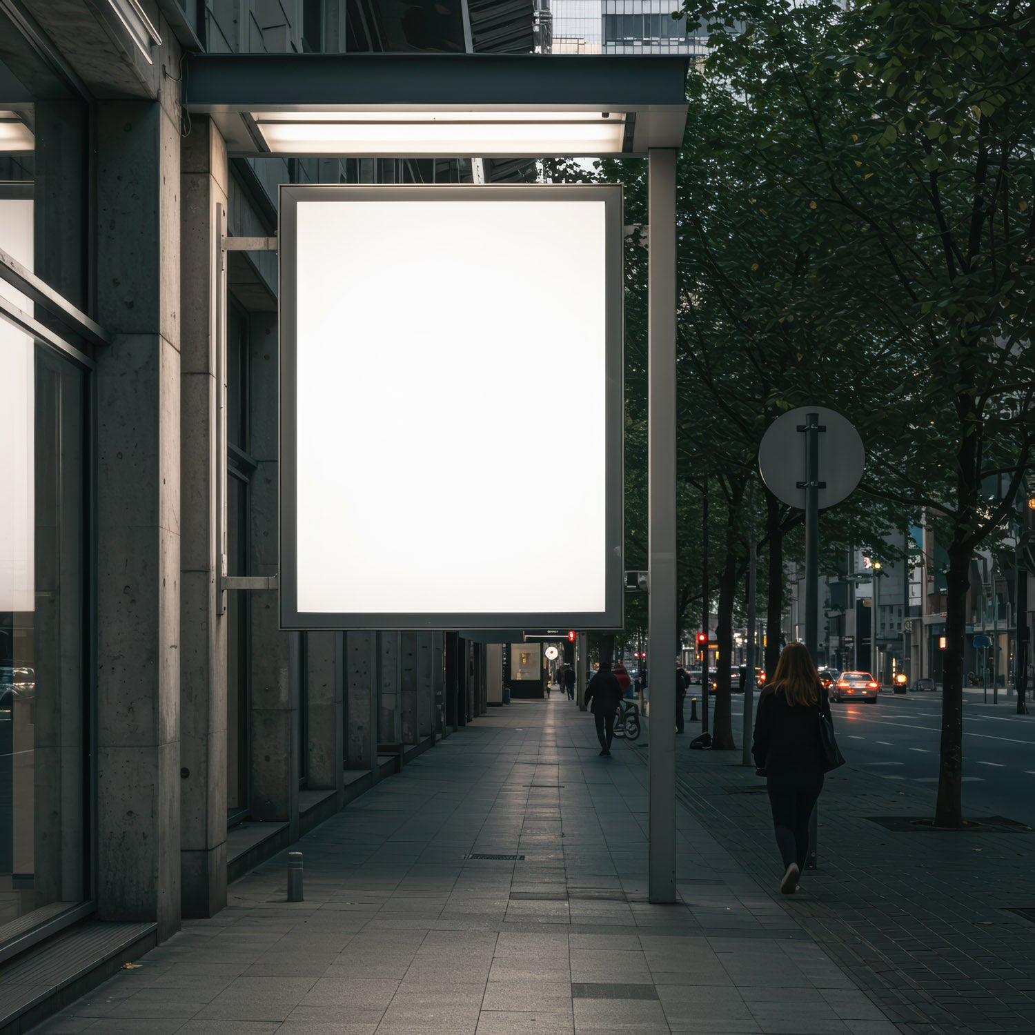 Empty illuminated billboard on urban street in evening