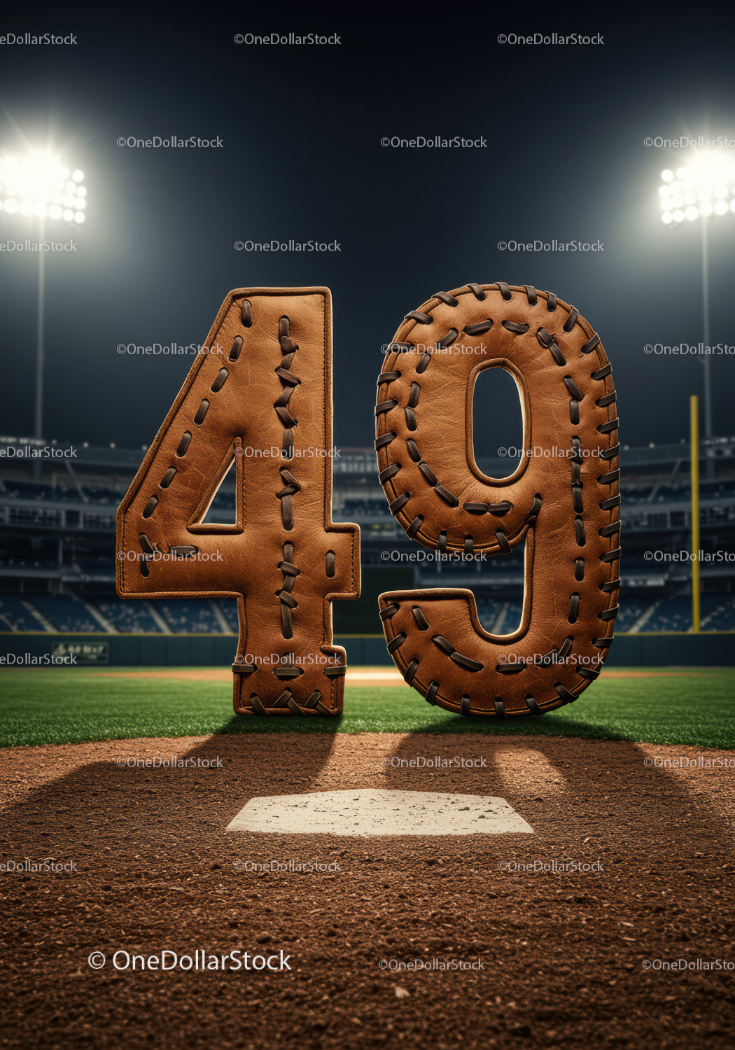 Baseball stitched number 49 on field at night stadium